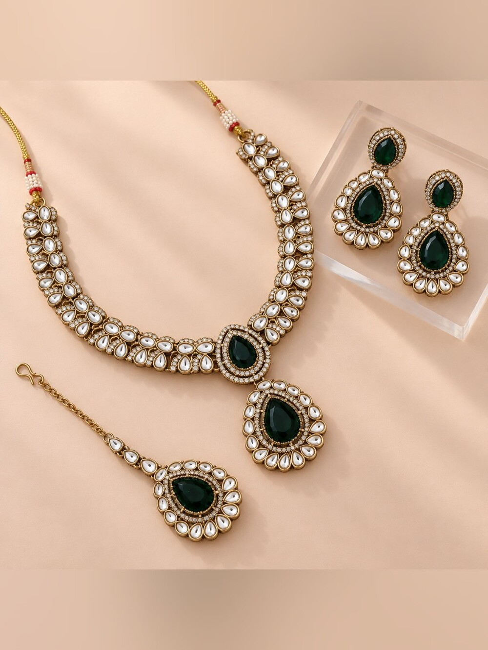 Green Zircon Polki Necklace Set with Earrings & Maang Tikka